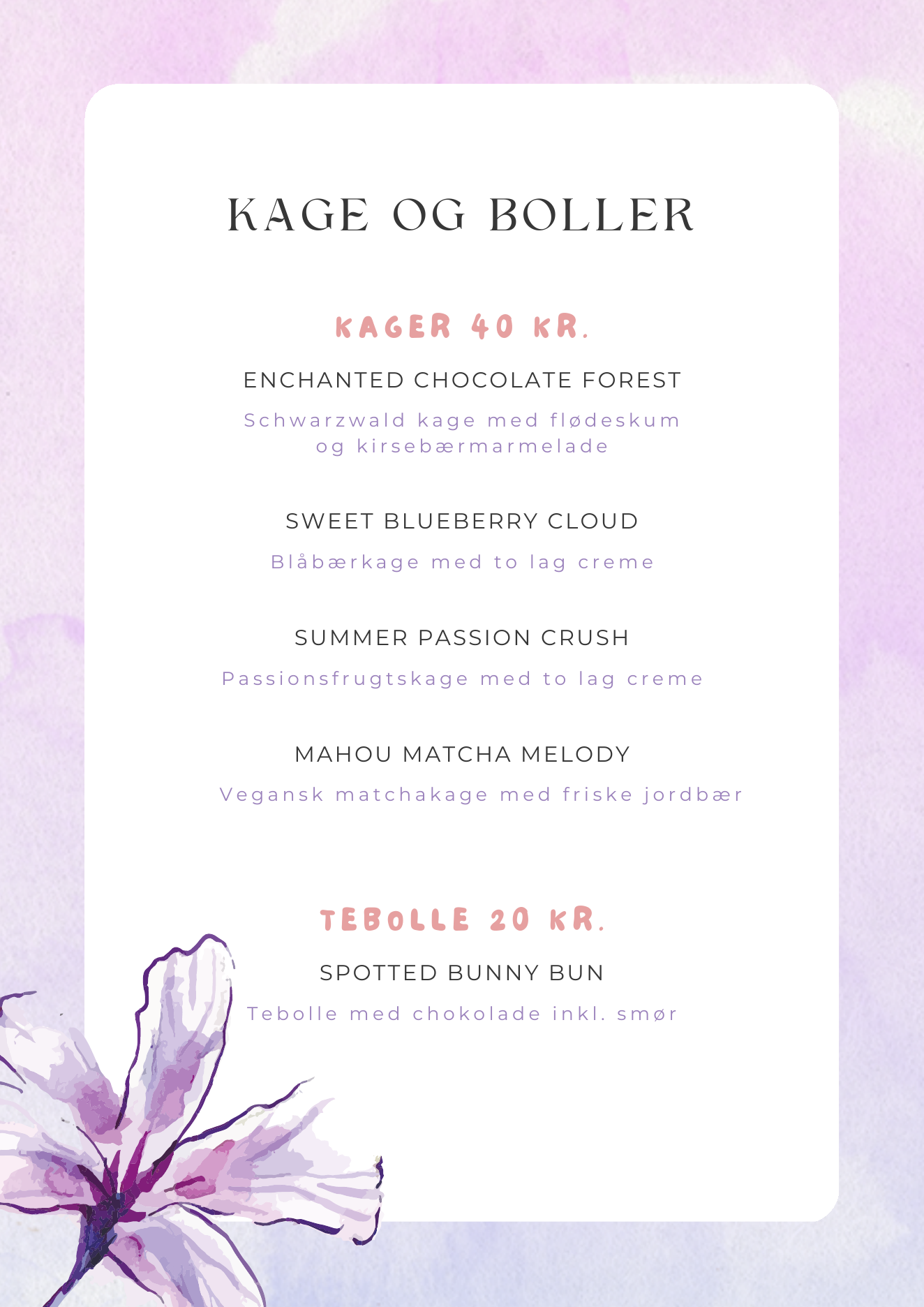 Menukort med kager og teboller i Kuma Maidcafé